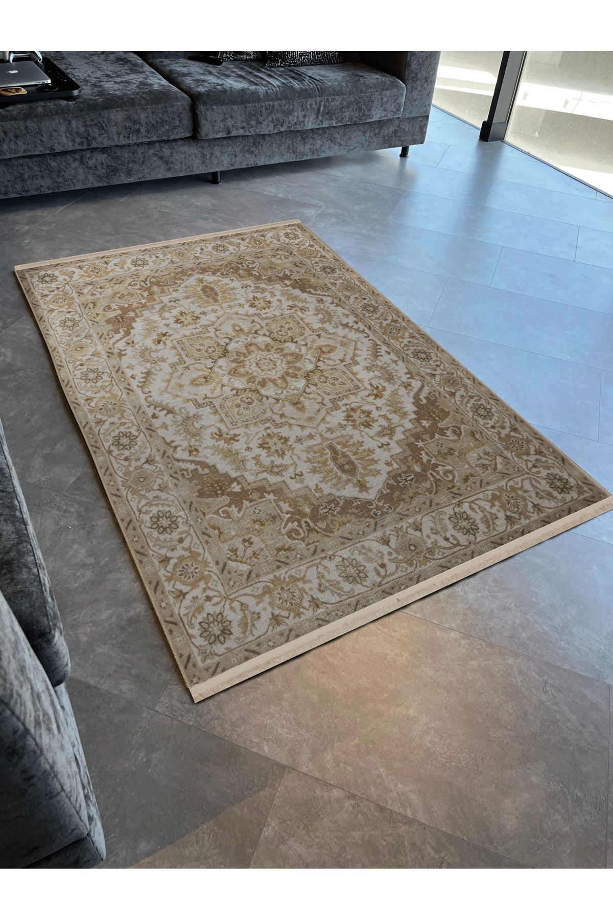 Bej Temalı Geleneksel Motif Desenli Kreatif Vintage Dekoratif Halı 2877