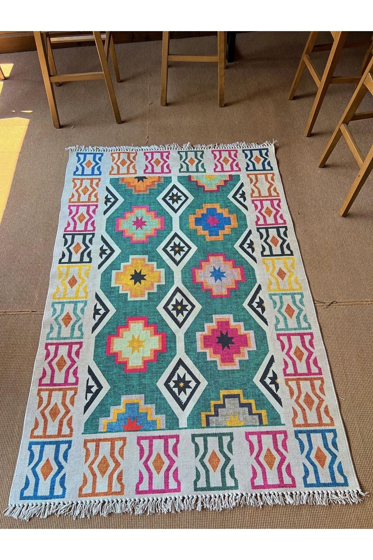Cotton 554 Etnik Desenli Dokuma Taban Yeşil Çok Renkli Kilim