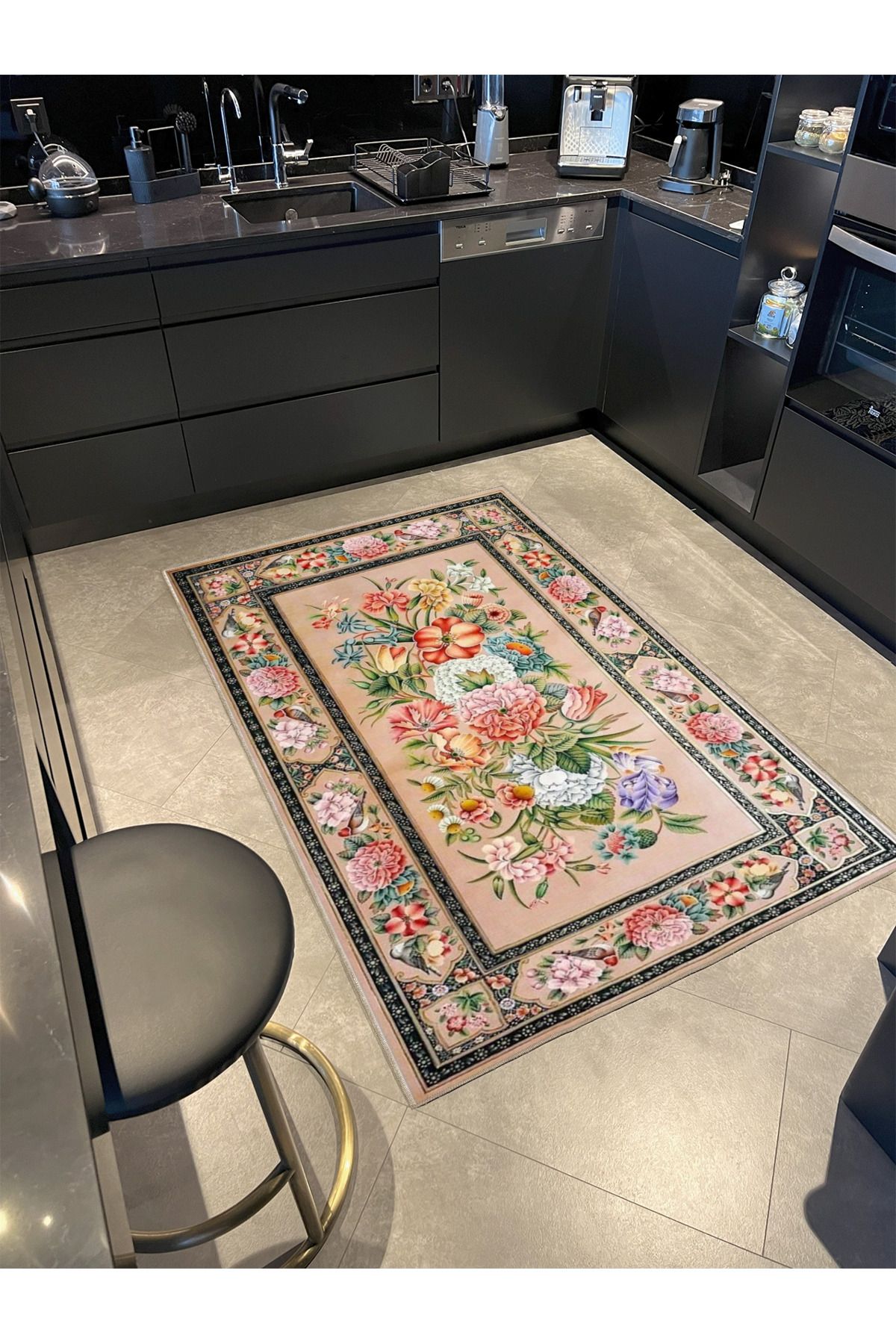 Krem Tonlarında Karışık Renkli Çiçekli Floral Geometrik Modern Dekoratif Halı miravip249