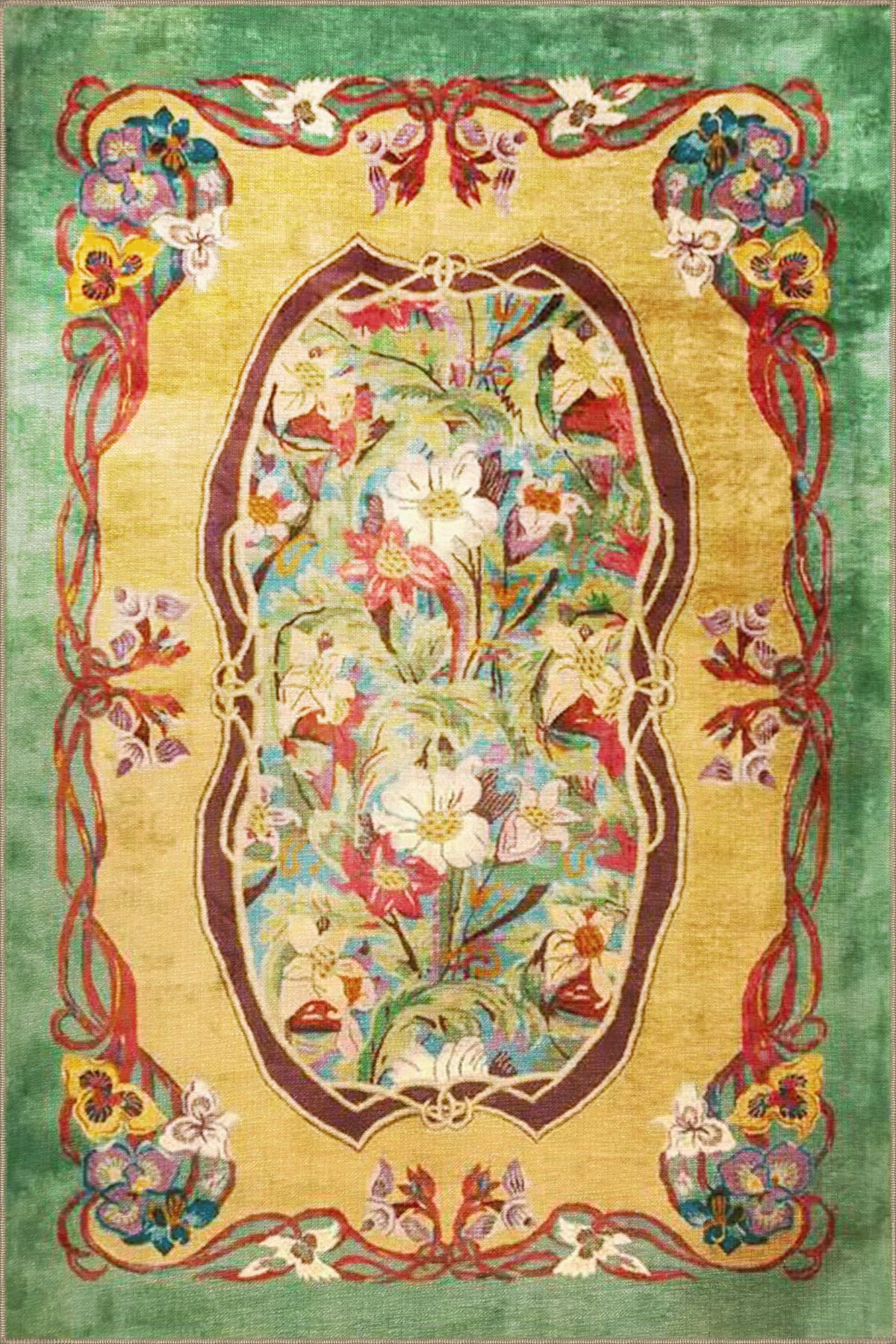 Yeşil Sarı Temalı Floral Çiçek Desenli Vintage Dekoratif Halı 3821