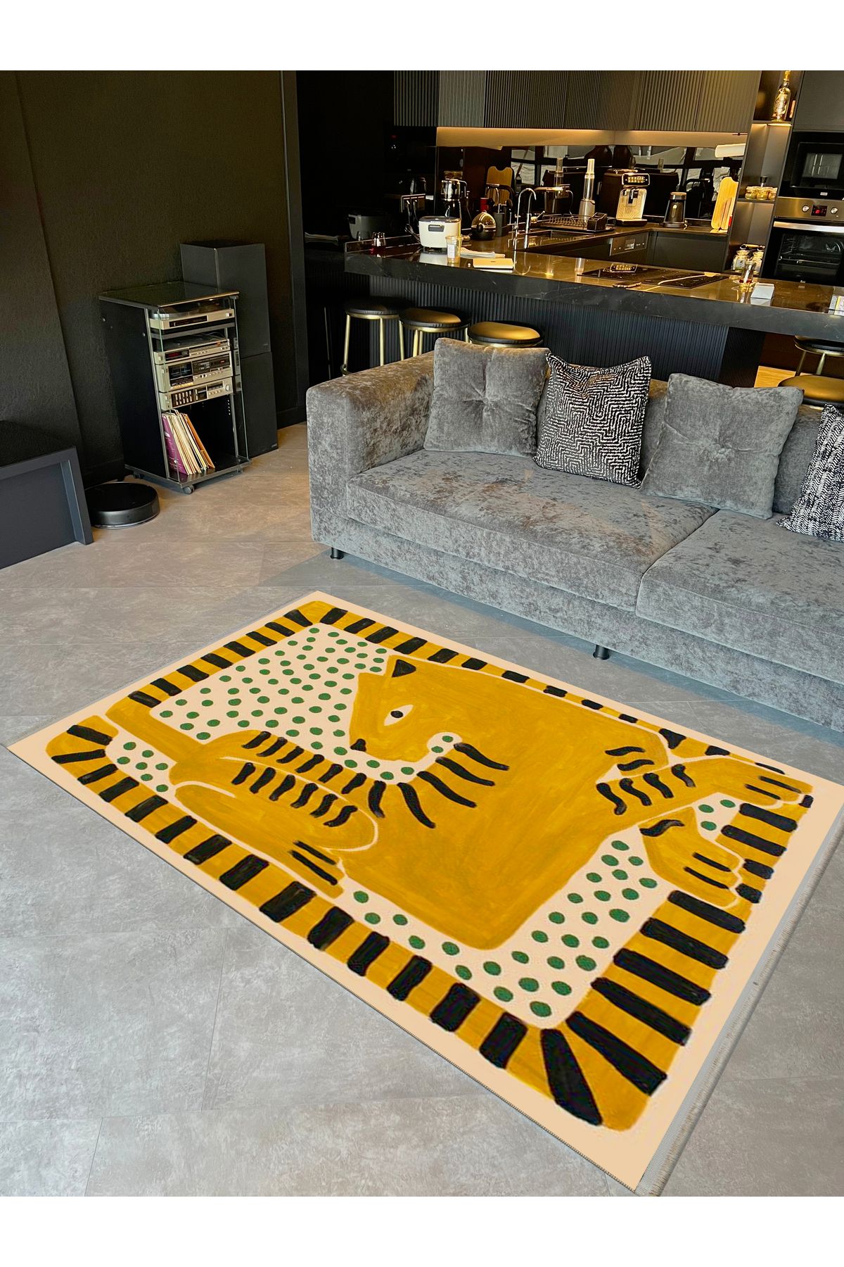 Özge Koleksiyonu Hardal Rengi Siyah Yeşil Kaplan Detaylı Dokuma Taban Modern Dekoratif Halı Özge33