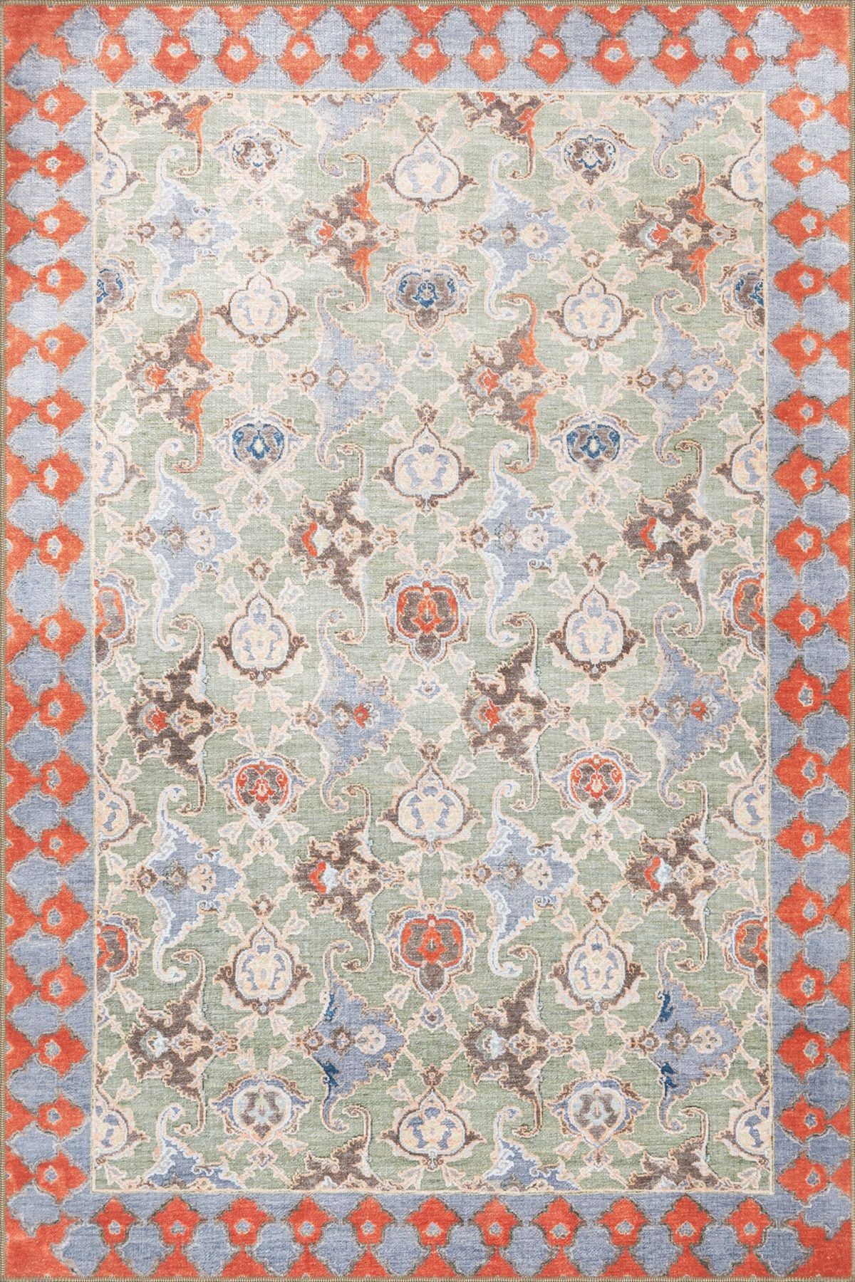 Yeşil Turuncu Temalı Geleneksel Motif Çiçek Desenli Vintage Dekoratif Halı 3423