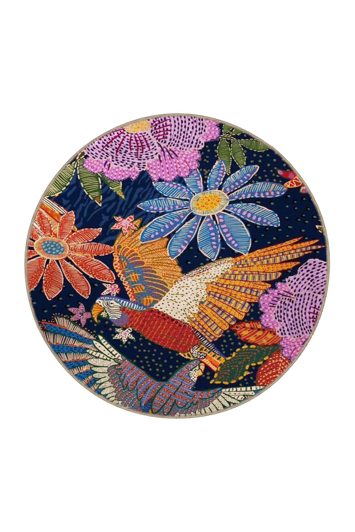 Lacivert Temalı Çok Renkli Floral Çiçek Desenli Kreatif Modern Dekoratif Halı 3648