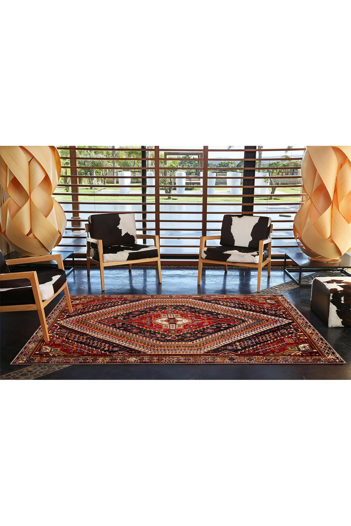 Kırmızı Üçgen Renkli Geometrik Geleneksel Modern Desenli Dokuma Taban ve Dekoratif Halı miravip84