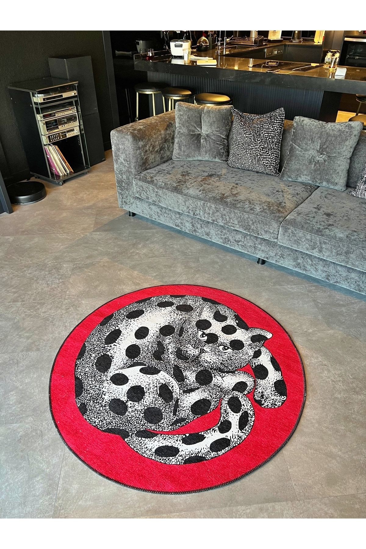 Mira 879 Kedi Temalı Kırmızı Siyah Beyaz Halı