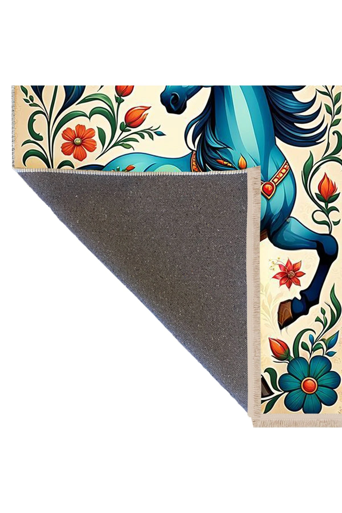 Özge Koleksiyonu Turuncu Çiçek Detaylı Mavi At Desenli Dokuma Taban Modern Dekoratif Halı özge10