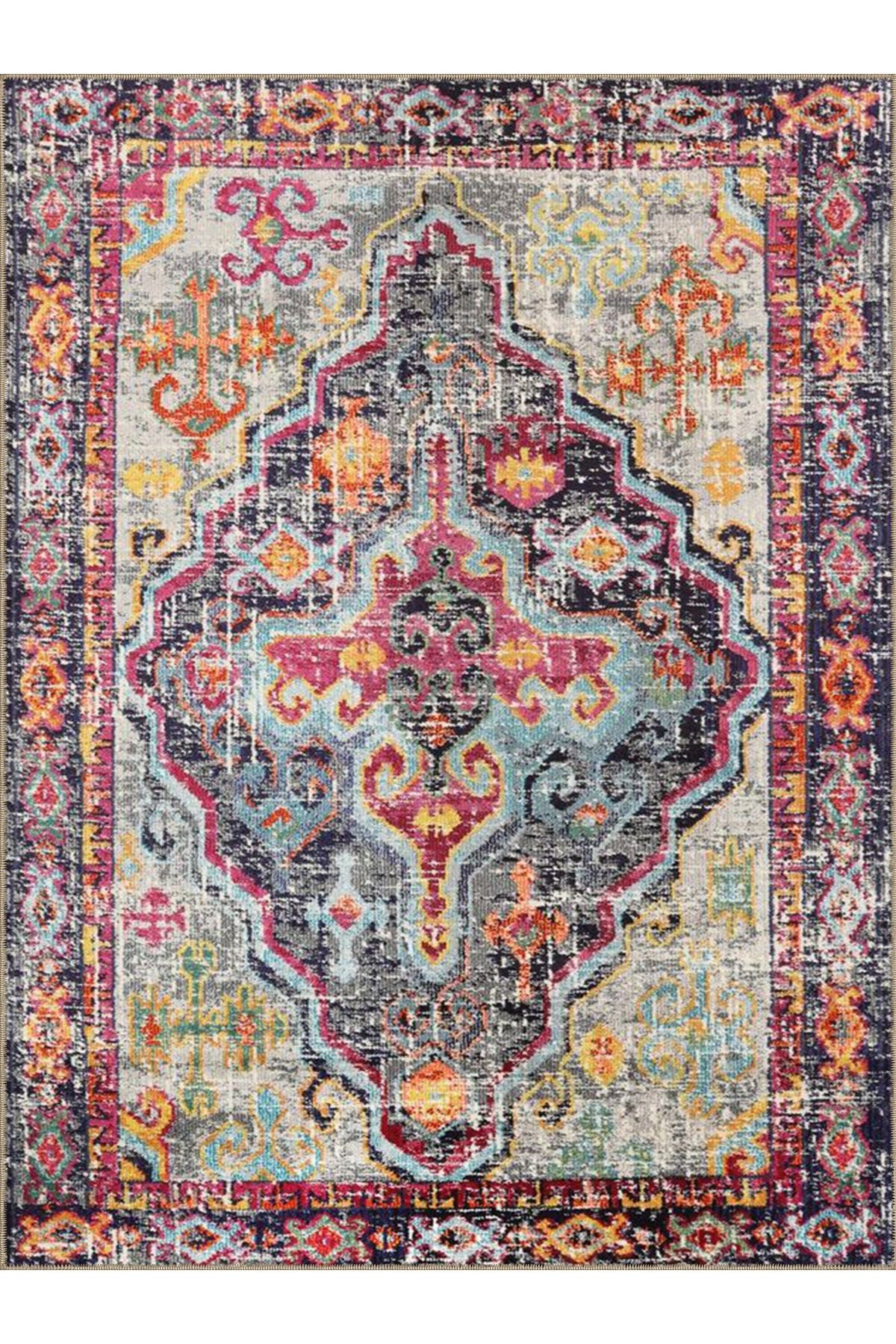 Tuğrul Koleksiyonu Çok Renkli Geleneksel Motif Desenli Dokuma Taban Vintage Dekoratif Halı 58
