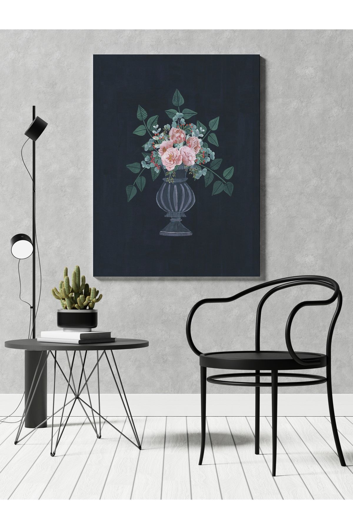 Kanvas Tablo Siyah Temalı Çiçek Vazo Desenli Modern Tablo