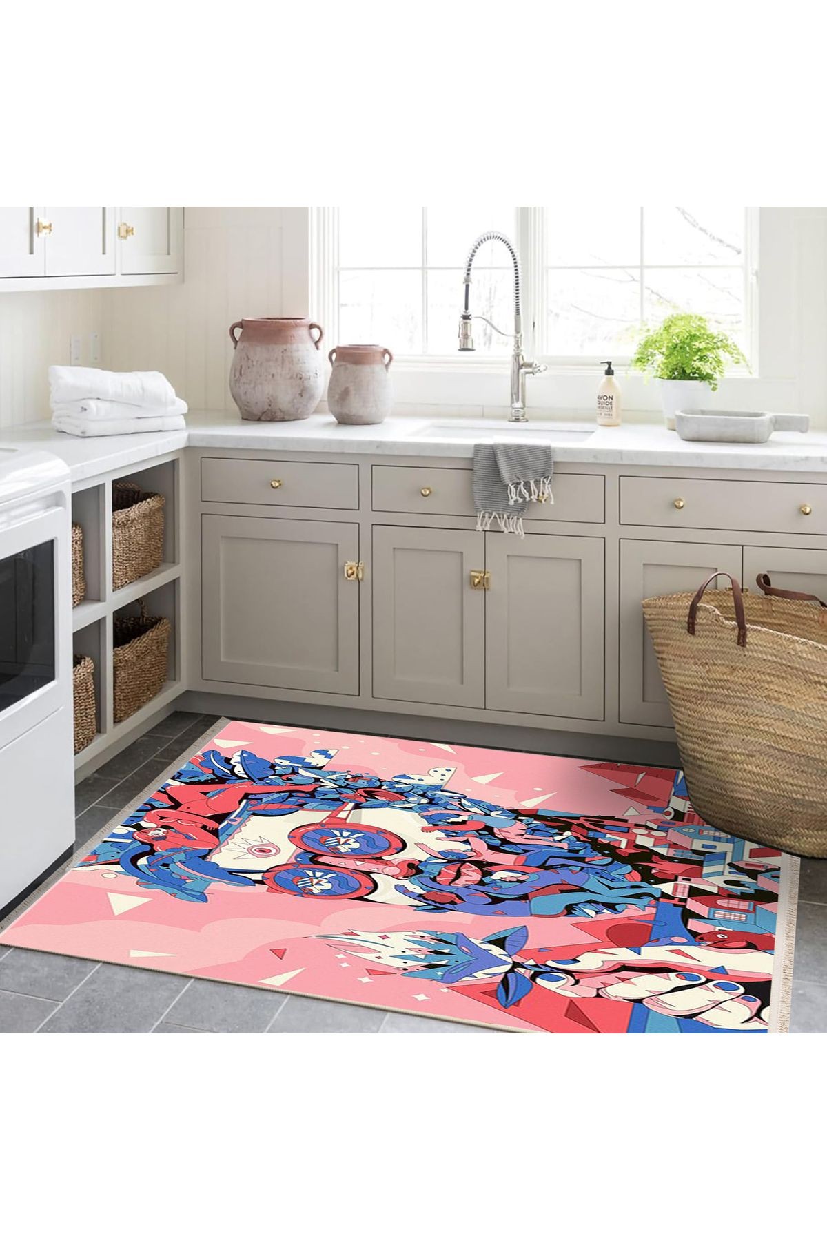 Asena Koleksiyonu Pembe Mavi Tonlarda Soyut İnsan ve Ev Figürleri Desenli Modern Dekoratif Halı 35