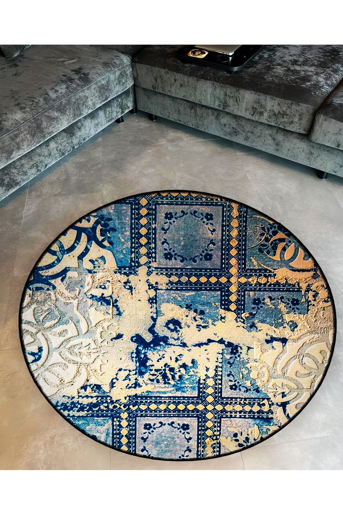 Mira Yuvarlak Mavi Etnik Bej Detaylı  Dokuma Taban Modern Dekoratif Halı 5701