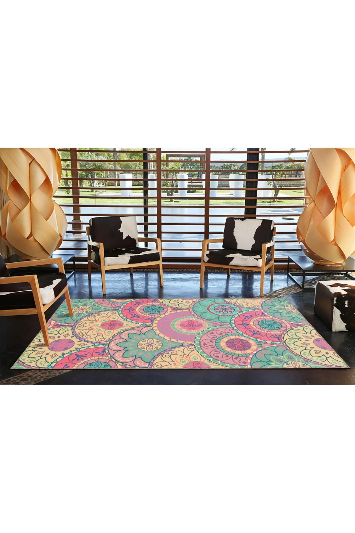 Pembe Tonlarda Disk Desenli Modern Dekoratif Halı 4423