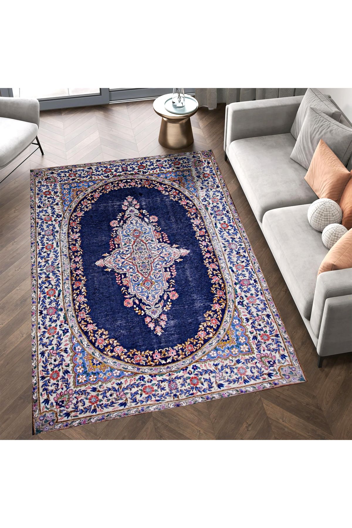 Mete Koleksiyonu Lacivert Temalı Geleneksel Motifli Bohem Tarz Desenli Vintage Dekoratif Halı 13