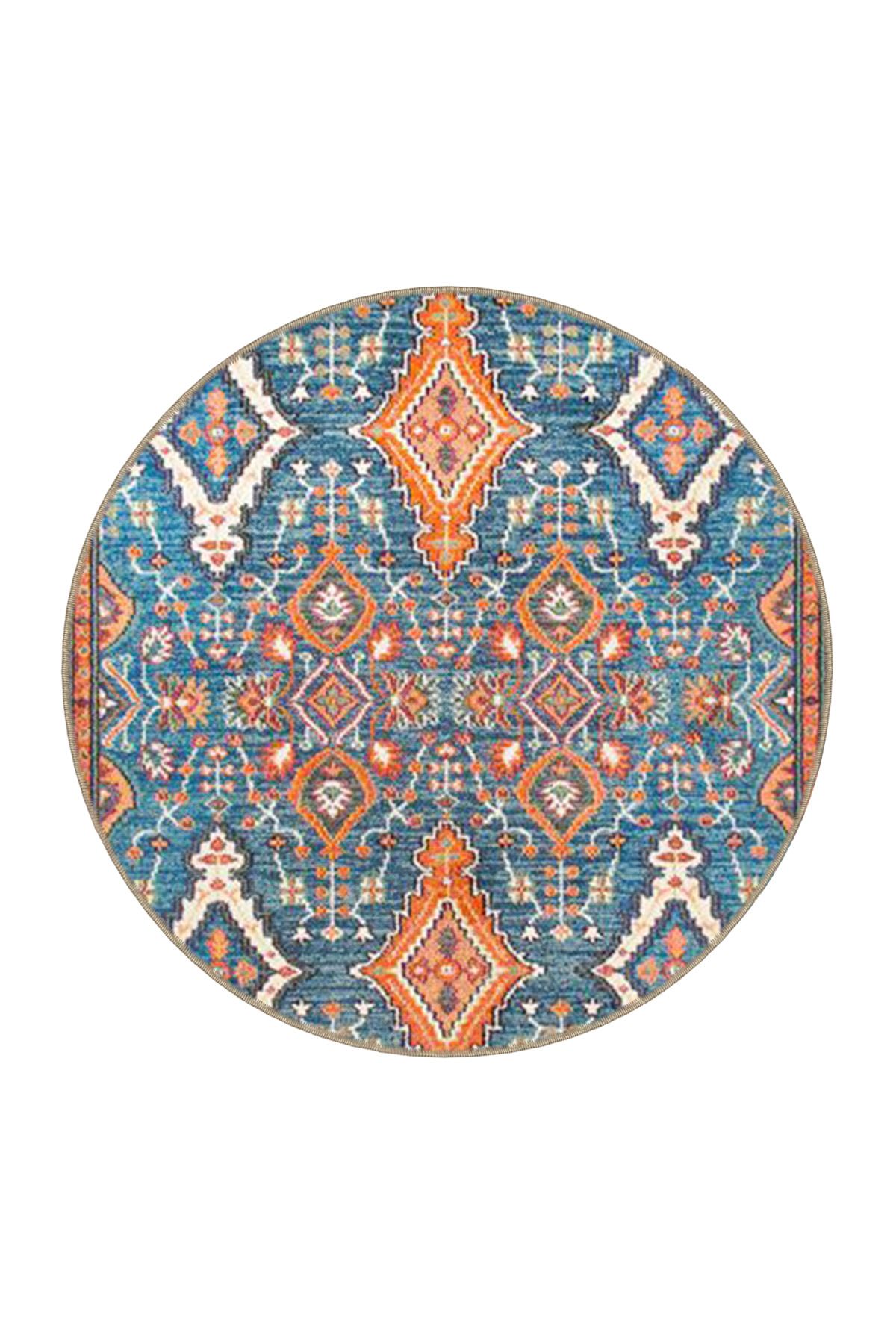 Mavi Bej Temalı Geleneksel Motif Etnik Desenli Vintage Dekoratif Halı 3636