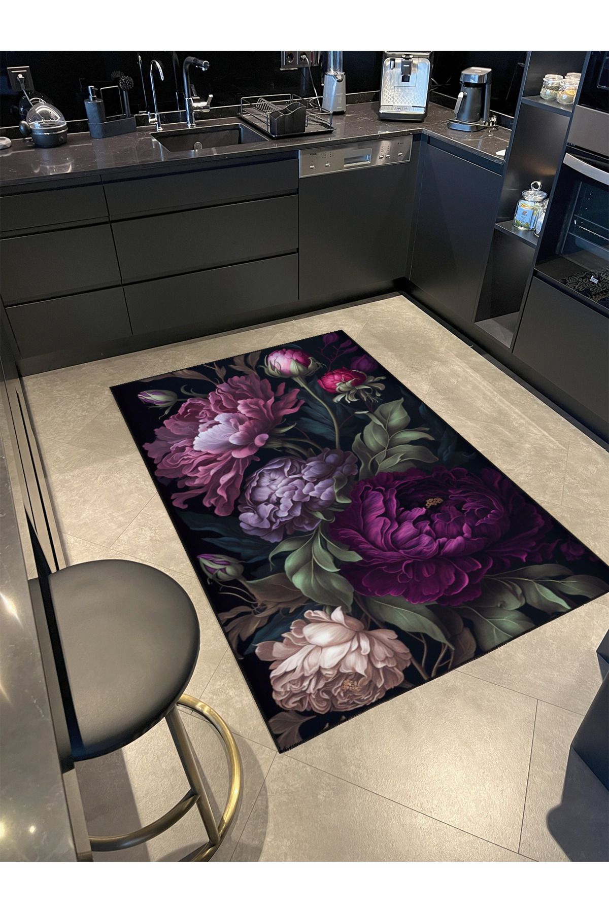 Mor Çiçekli Floral Desenli Dekoratif Yıkanabilir Halı miravip8681