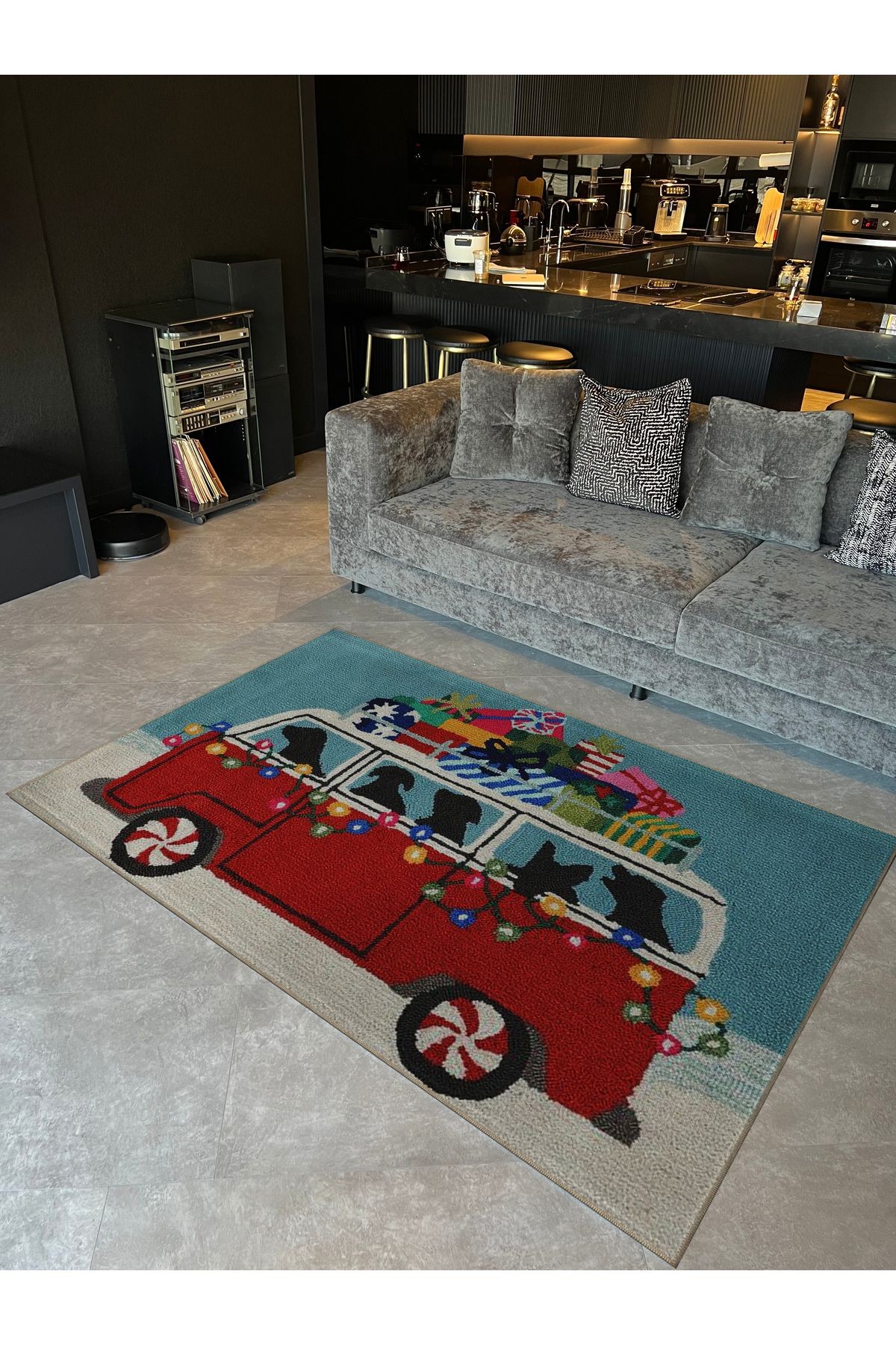 Turkuaz Temalı Mini Van Araba Desenli Kreatif Modern Dekoratif Halı 5342
