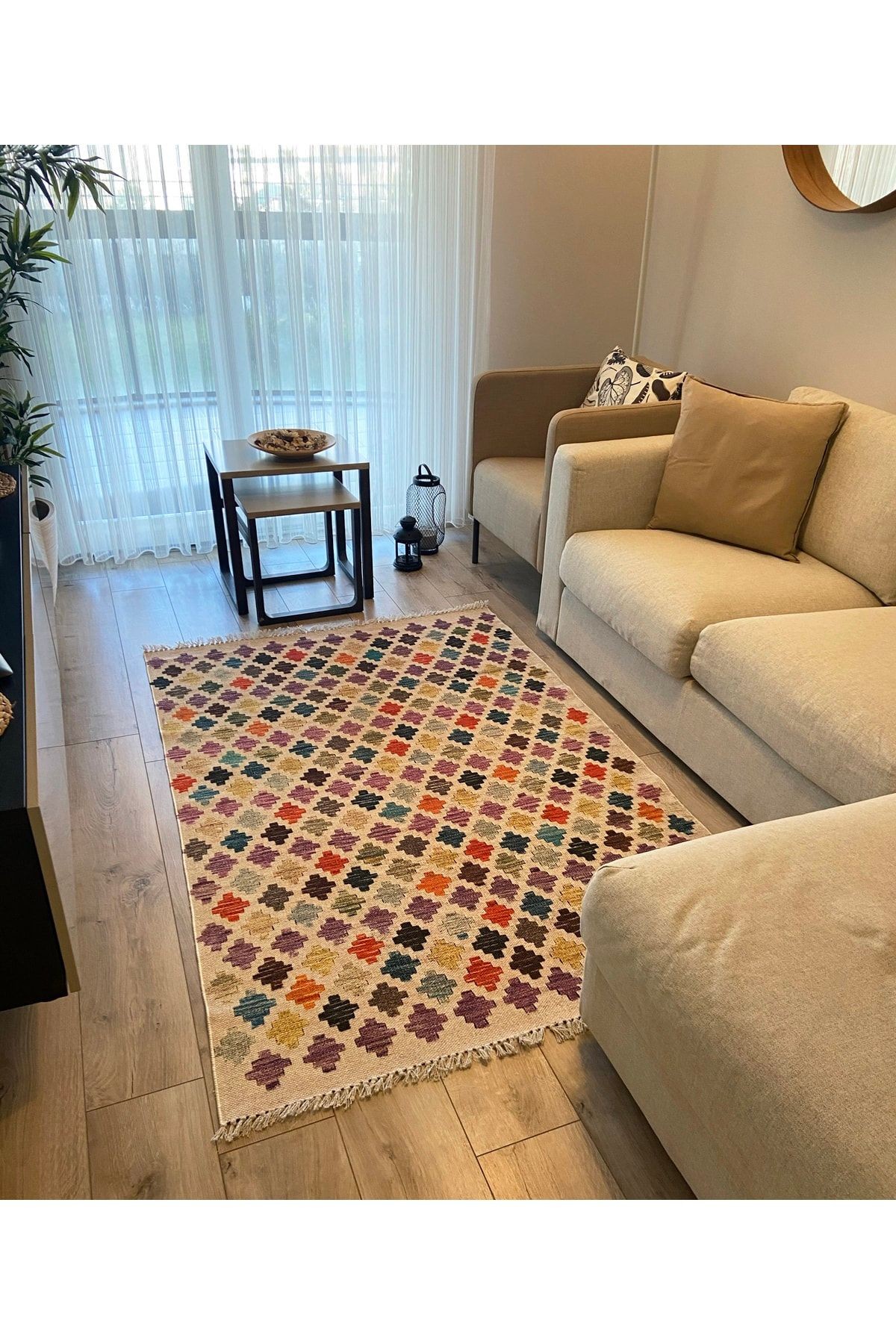Cotton Pamuklu Çok Renkli Desenli Kilim 504