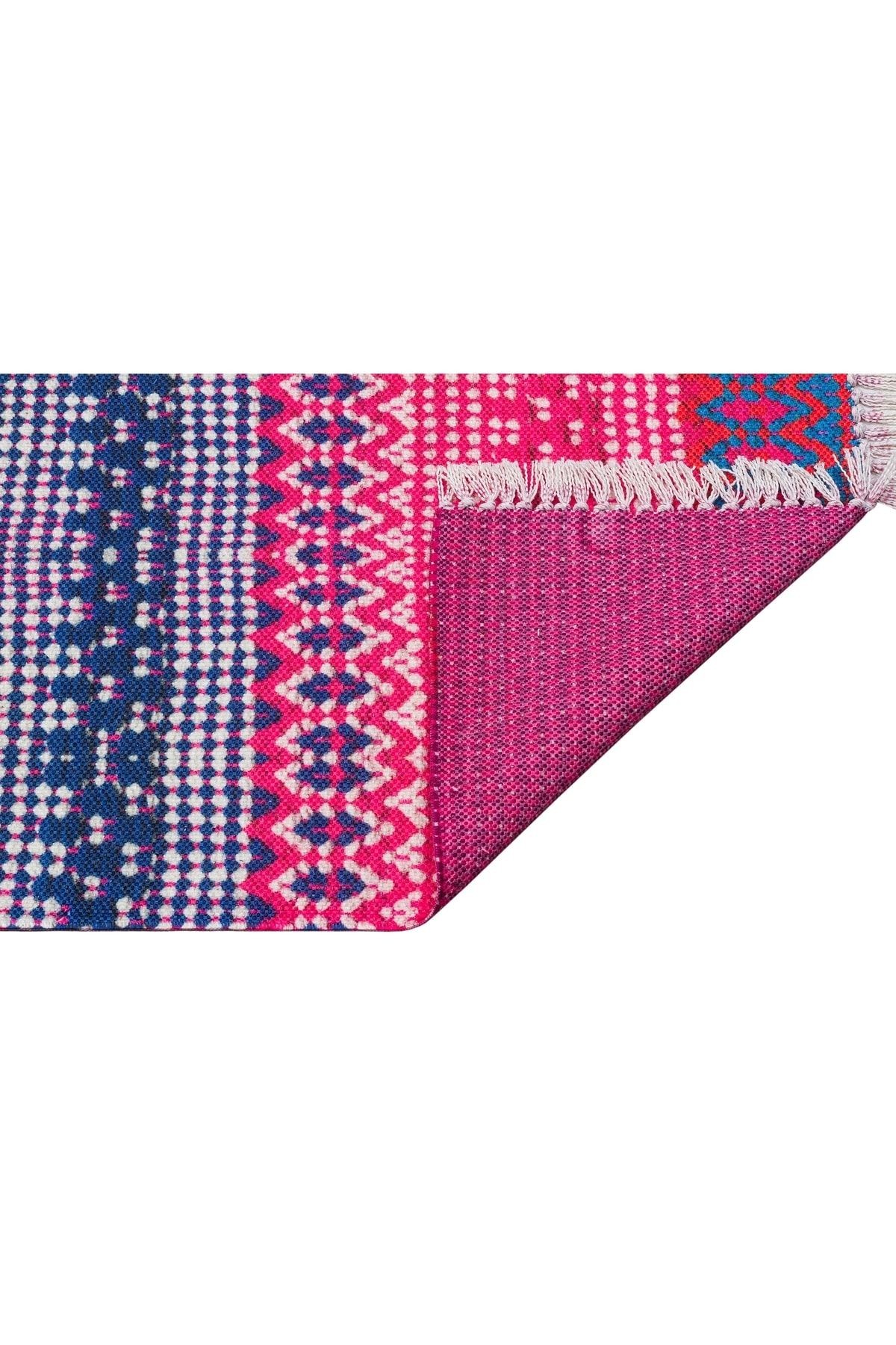 Cotton 547 Canlı Çok Renkli Fuşya Turuncu Dokuma Taban Kilim