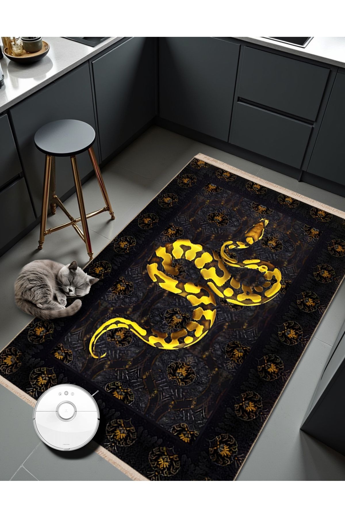 Nilla Koleksiyonu Sarı Yılan Desenli Dokuma Taban Modern Dekoratif Halı nilla16