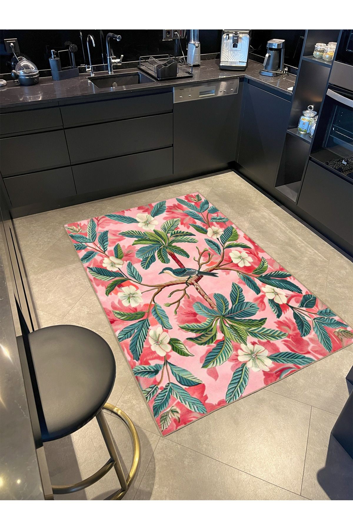 Paris Koleksiyonu Pembe Yeşil Temalı Çiçekler ve Kuş Detay Desenli Kreatif Modern Dekoratif Halı 143