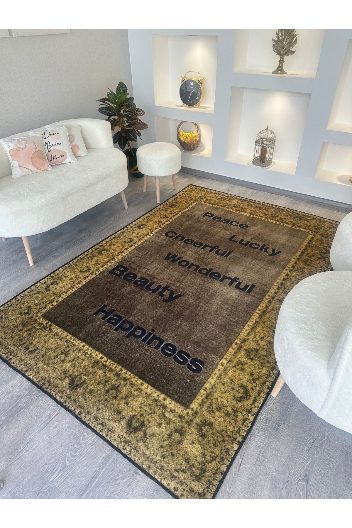Opal Eskitme Görünümlü Yazı Detaylı Dokuma Taban Modern Dekoratif Halı opal13