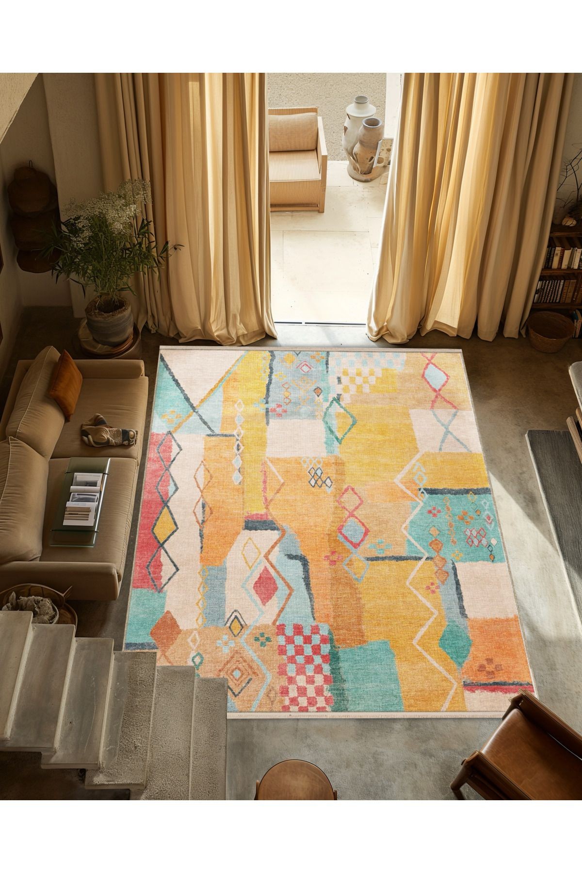 Çok Renkli Karma Motifli Geometrik Desenli Saçaklı Vintage Dekoratif Halı 3282