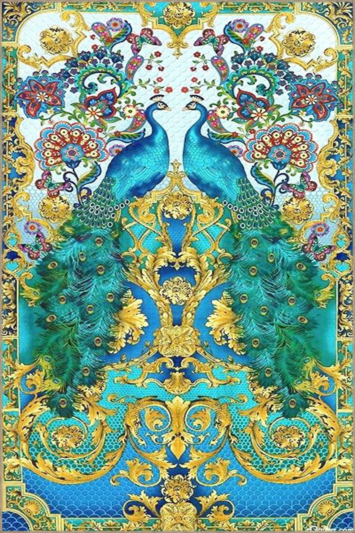 Mavi Renklerde Tavus Kuş Desenli Modern Dekoratif Halı miravip183