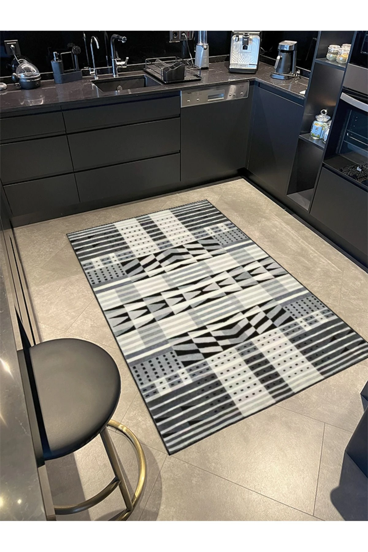 Siyah beyaz Dikdörtgen Geometrik Dokuma Taban Halı miravip1028