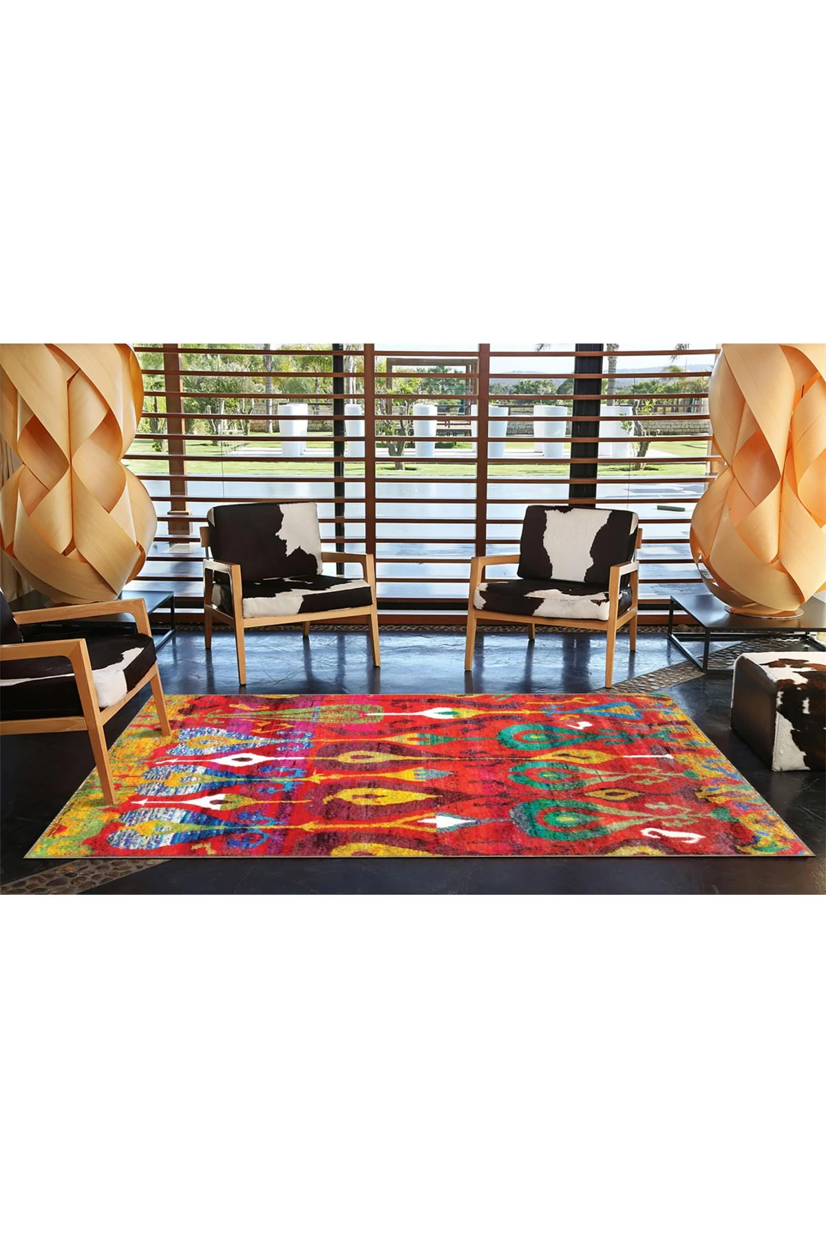 Kırmızı Renklerde Akan Motifli Dekoratif Dokuma Taban Halı miravip23