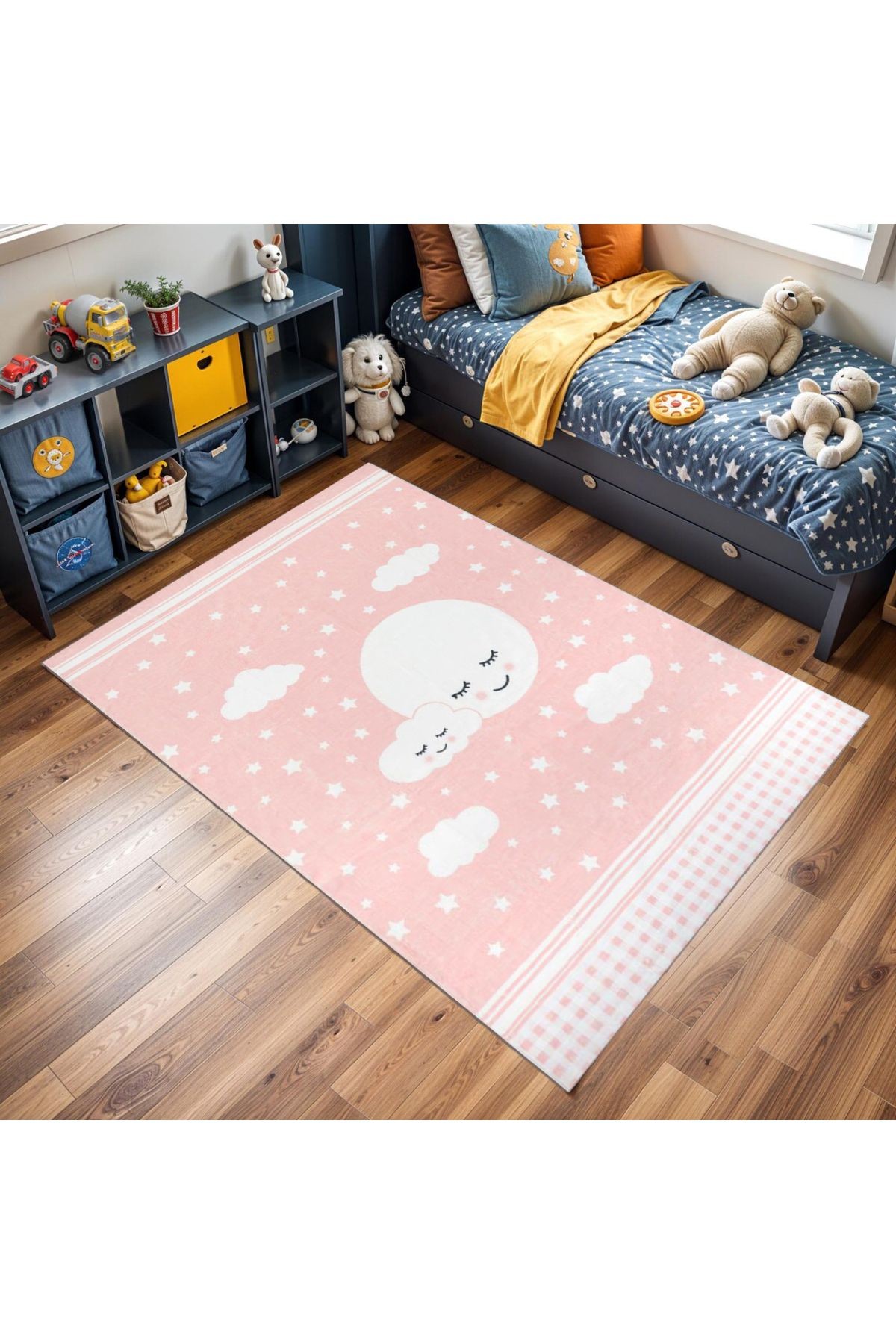 Asya Koleksiyonu Pembe Beyaz Ay Yıldızlar ve Bulut Detaylı Dokuma Taban Modern Dekoratif Halı asya27