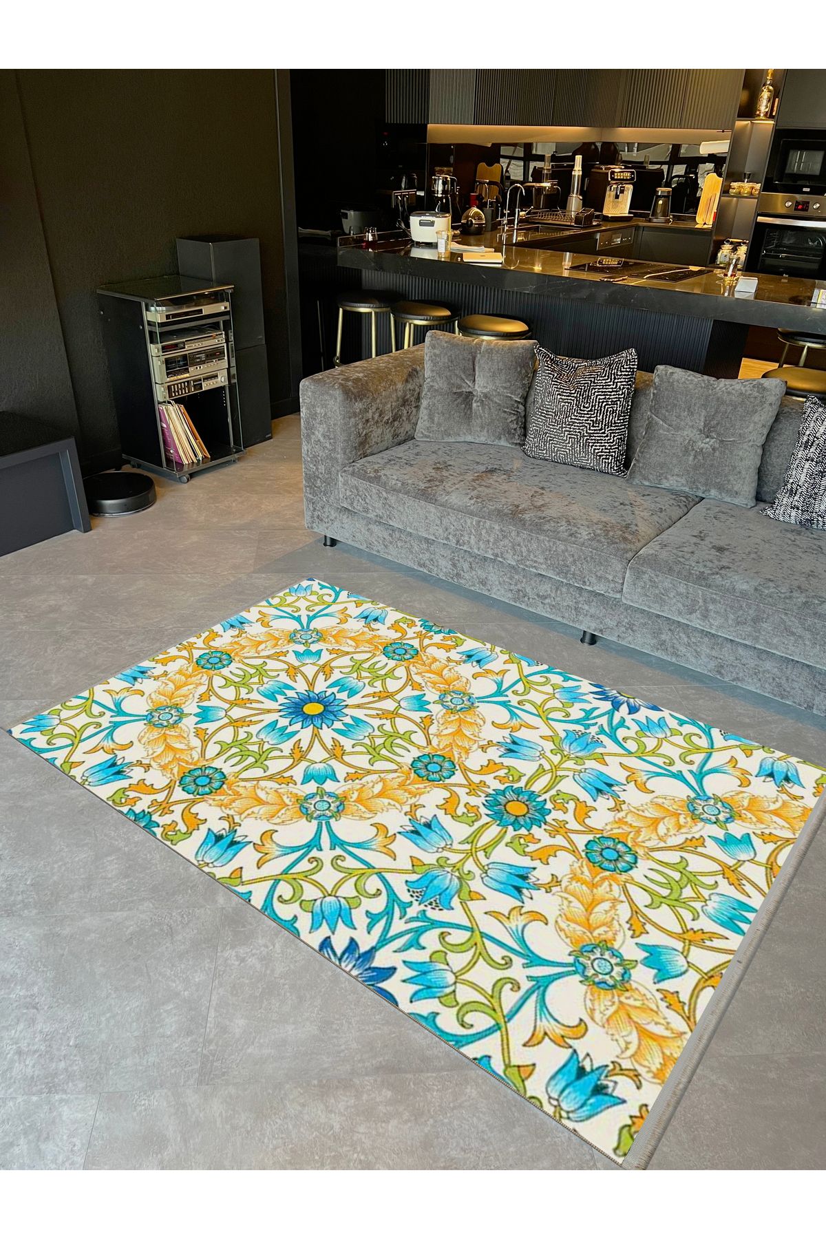 Özge Koleksiyonu Mavi Sarı Sarmaşık ve Çiçekler Desenli Dokuma Taban Modern Dekoratif Halı özge04