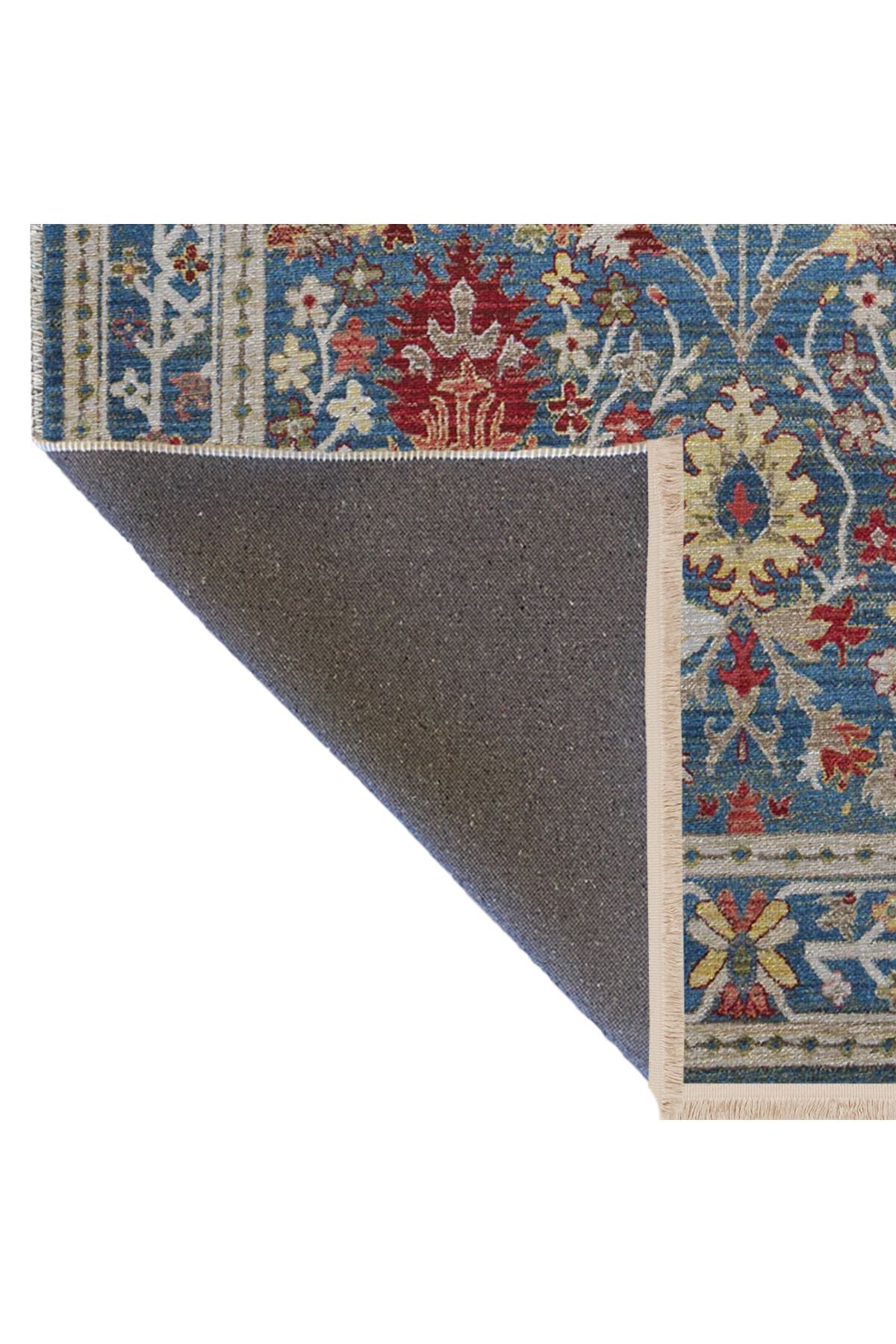 Mavi Temalı Geleneksel Motif Etnik Çiçek Desenli Kreatif Vintage Dekoratif Halı 2793