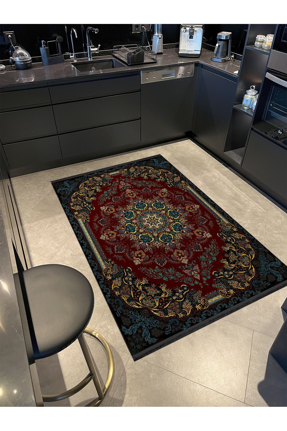 Mavi Sarı Çerçeve Detaylı Bordo Desenli Etnik Serisi Modern Dekoratif Halı etnik22