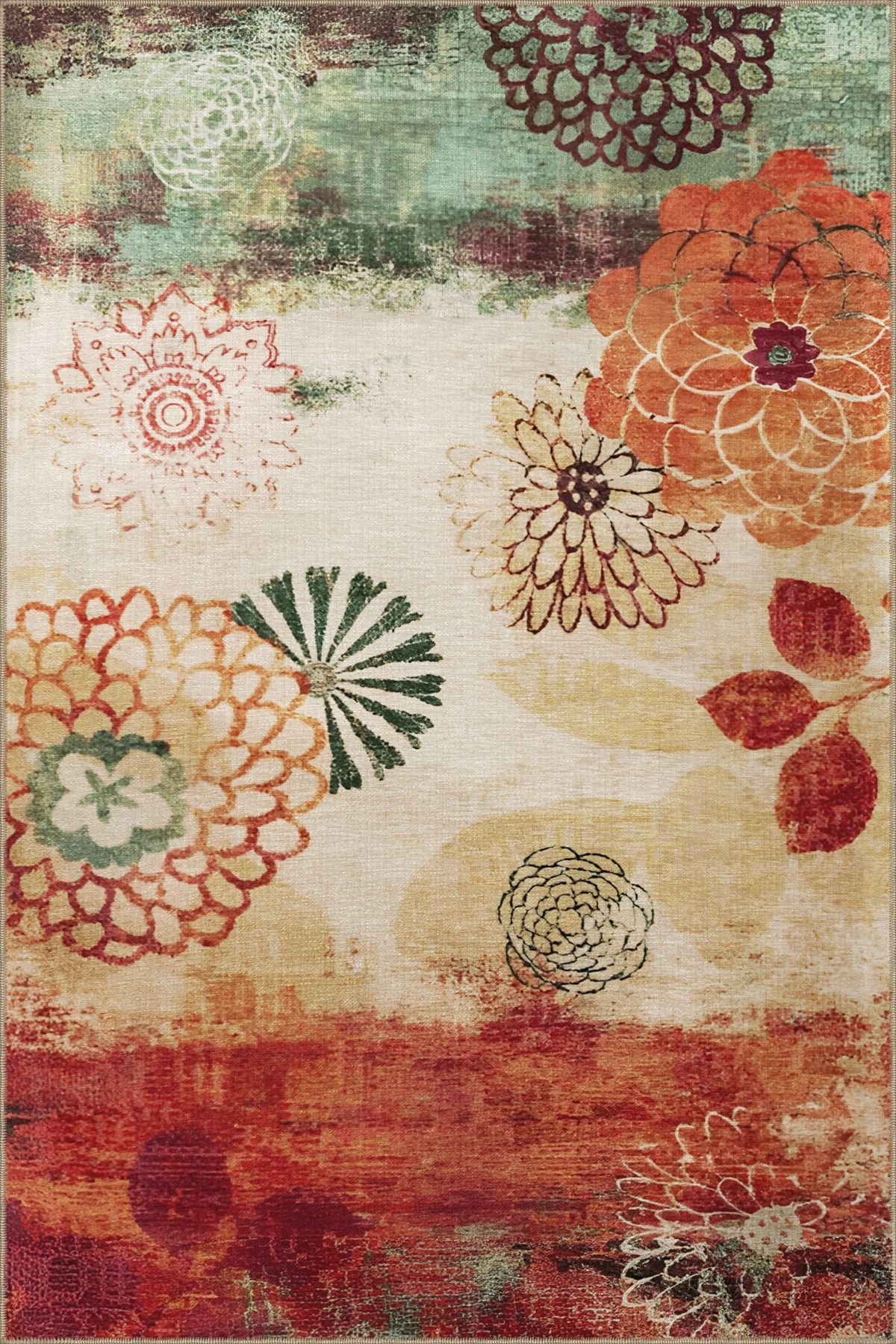 Yeşil Kırmızı Temalı Çok Renkli Pudra Çiçek Desenli Kreatif Modern Dekoratif Halı 2133