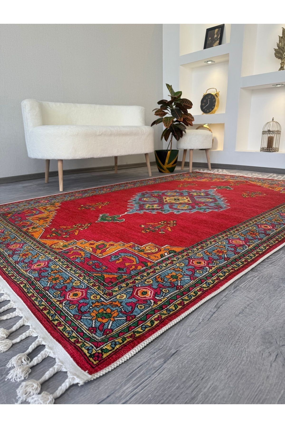 Opal Kırmızı Antik Desenli Püskül Detaylı Dokuma Taban Modern Dekoratif Halı opal09