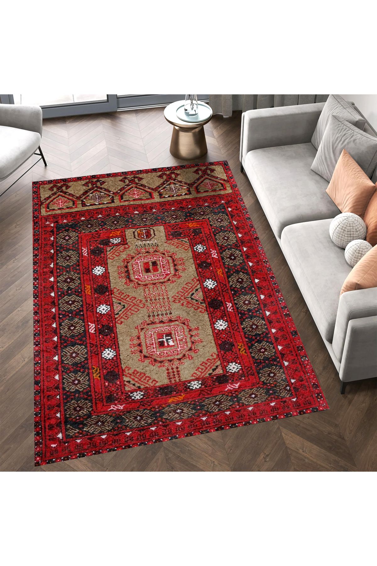 Mete Koleksiyonu Kahve ve Kırmızı Temalı Geleneksel Motifli Etnik Desenli Vintage Dekoratif Halı 26