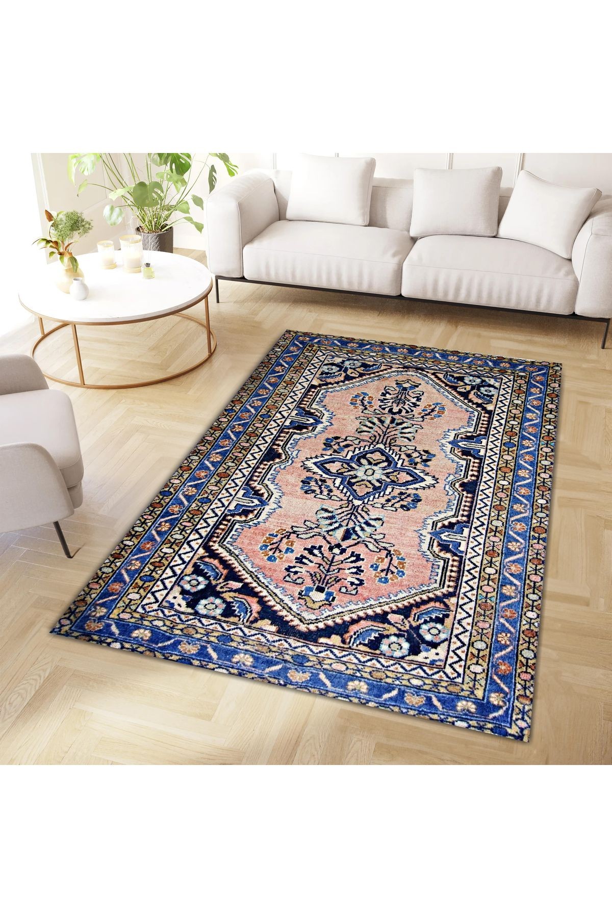 Asena Koleksiyonu Pudra ve Lacivert Temalı Geleneksel Motif Etnik Desenli Vintage Dekoratif Halı 23
