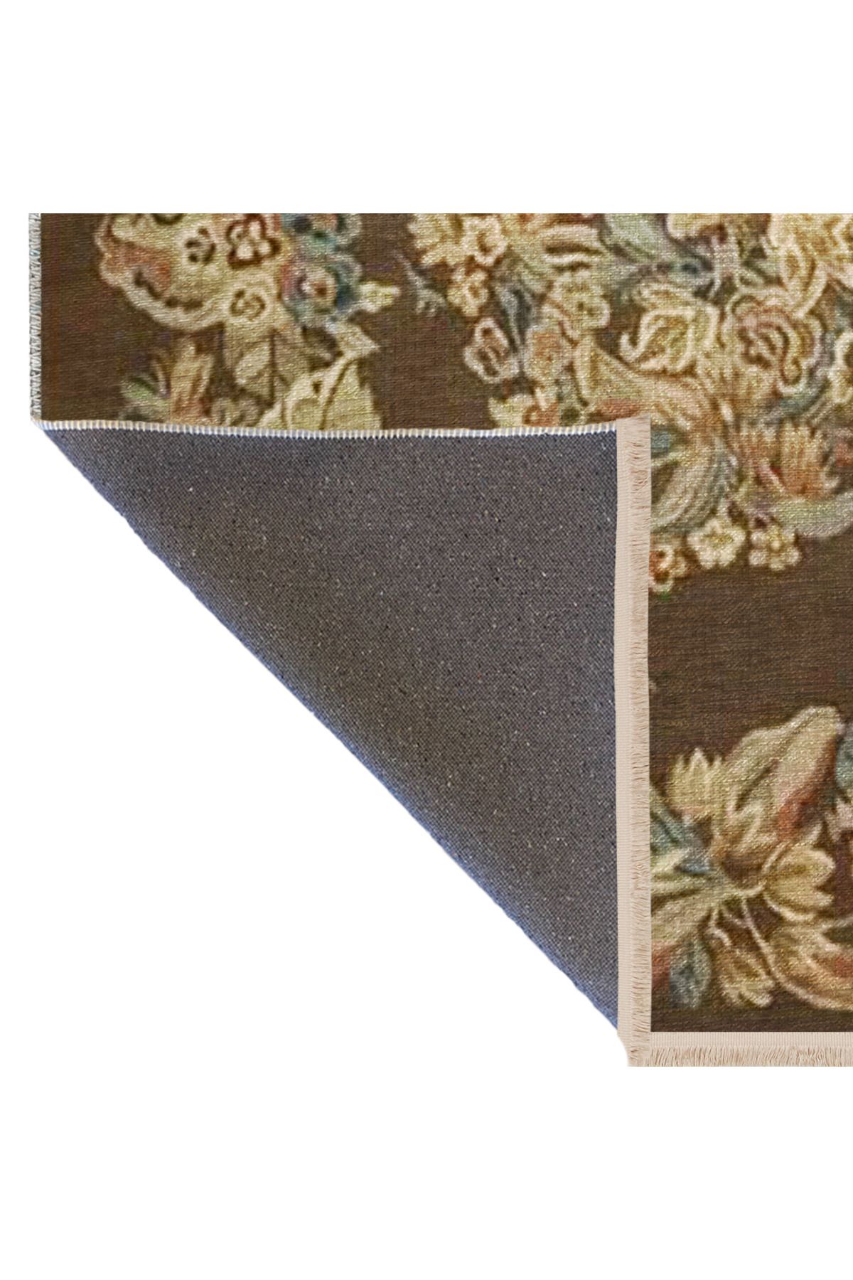 Kahverengi Temalı Karma Çiçek Gül Desenli Saçaklı Vintage Dekoratif Halı 3174