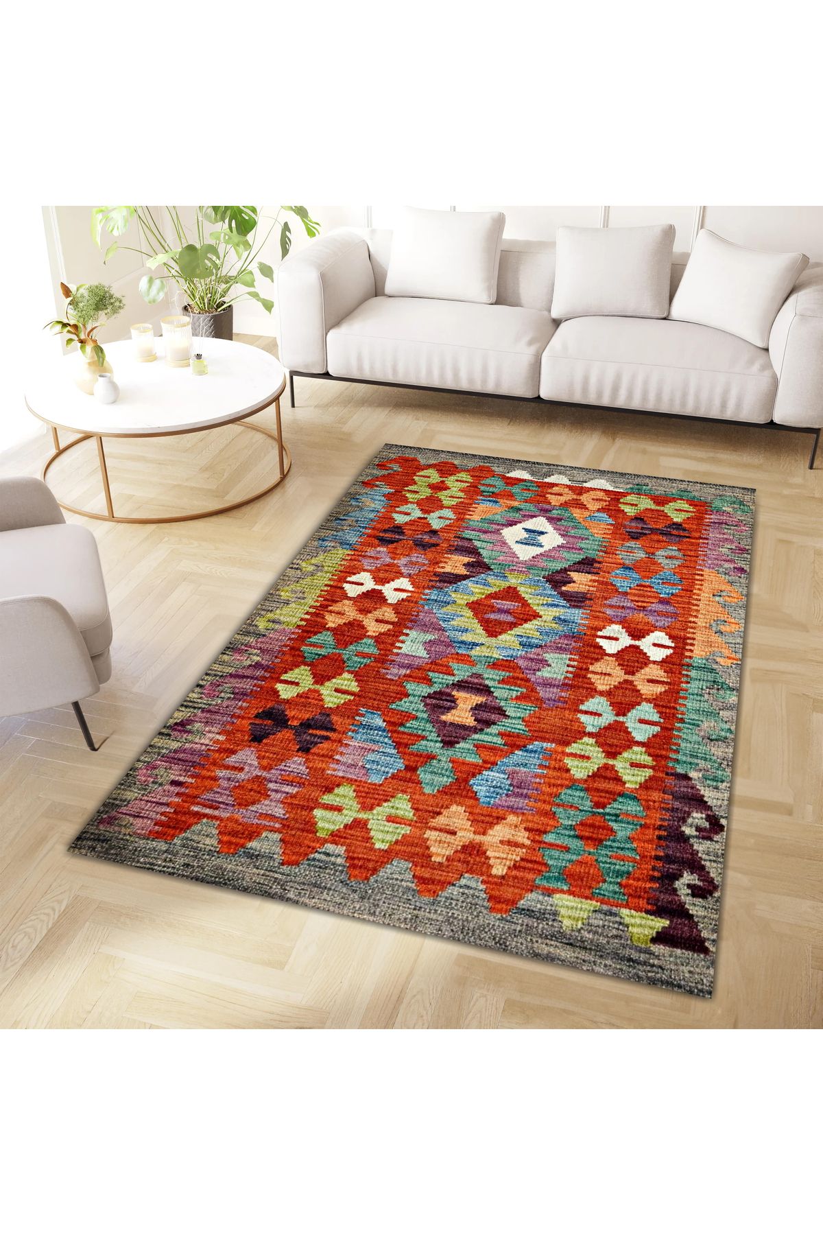 Mete Koleksiyonu Çok Renkli Geometrik Şekiller ve Etnik Desenli Vintage Dekoratif Halı 31