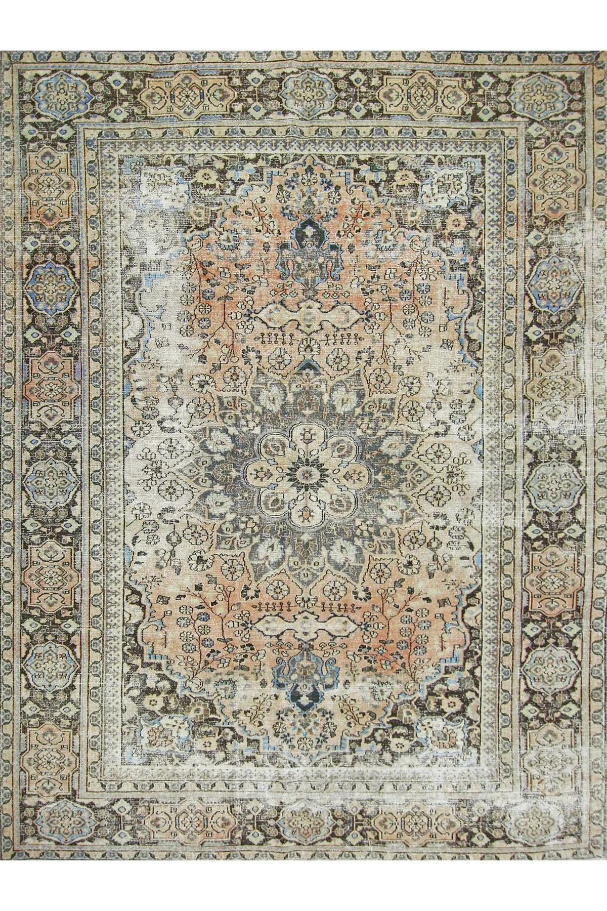 Mete Koleksiyonu Gri Temalı Geleneksel Motif ve Çiçek Desenli Vintage Dekoratif Halı 17