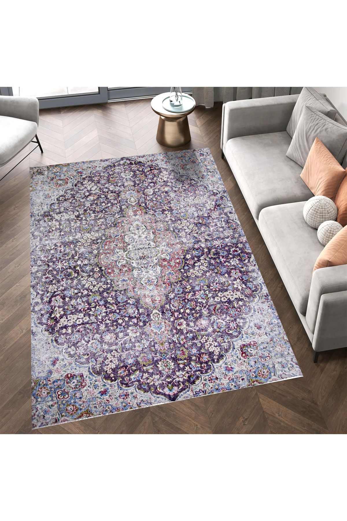 Mete Koleksiyonu Mor Tonlar Geleneksel Motif ve Çiçek Desenli Vintage Dekoratif Halı 46