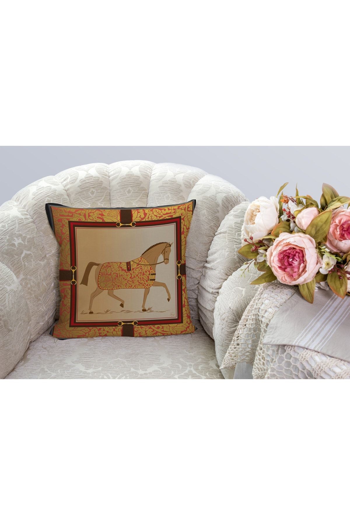 Kırlent Kahve Sarı Kırmızı At Temalı Pillow43