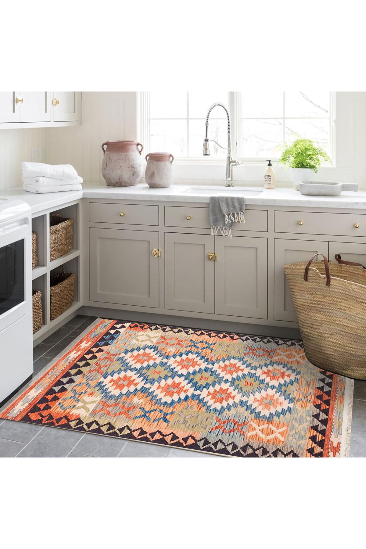 Güney Koleksiyonu Çok Renkli Geometrik Etnik Motifli ve Geleneksel Desenli Vintage Dekoratif Halı 45