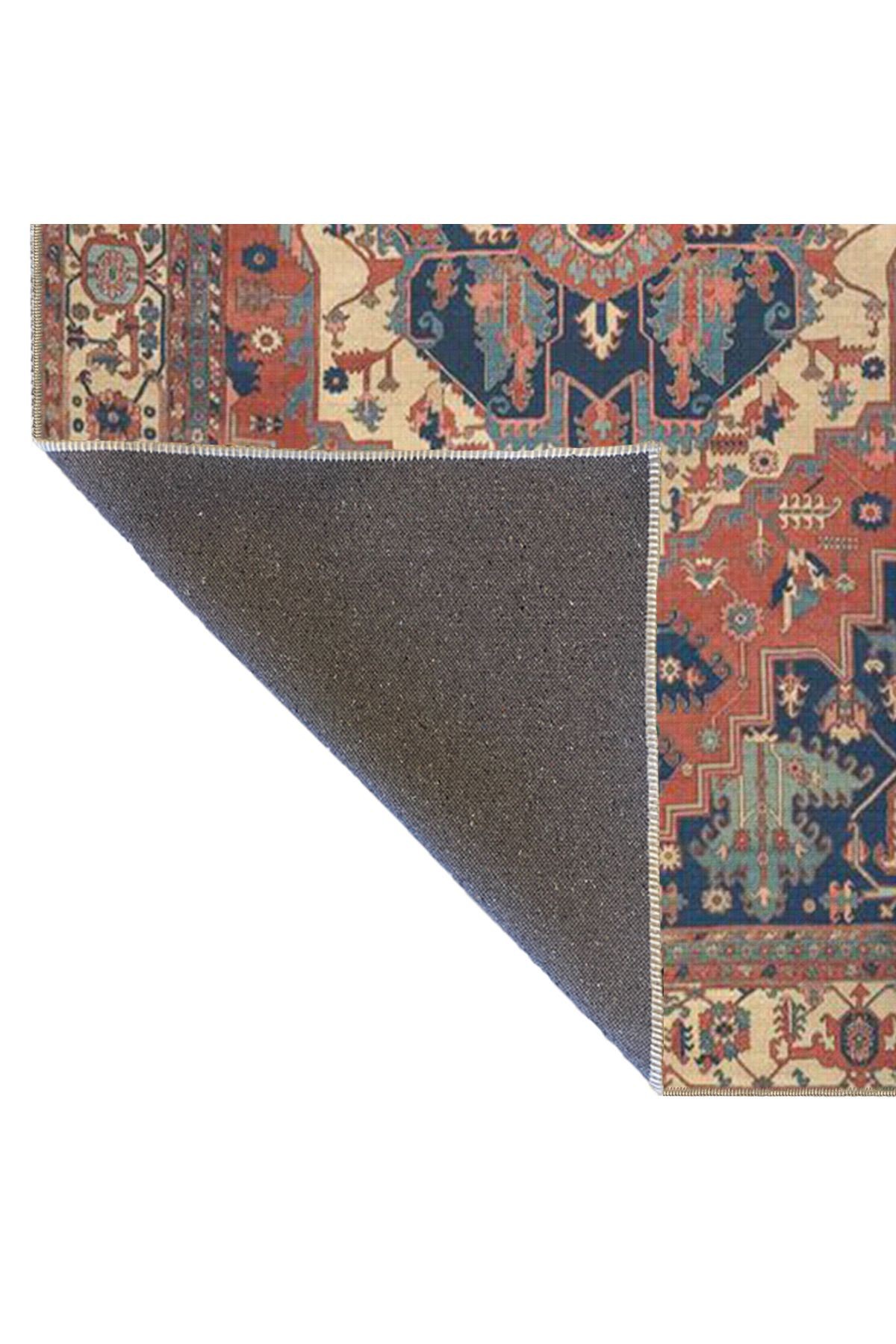 Bej Mavi Temalı Geleneksel Motif Desenli Vintage Dekoratif Halı 3854