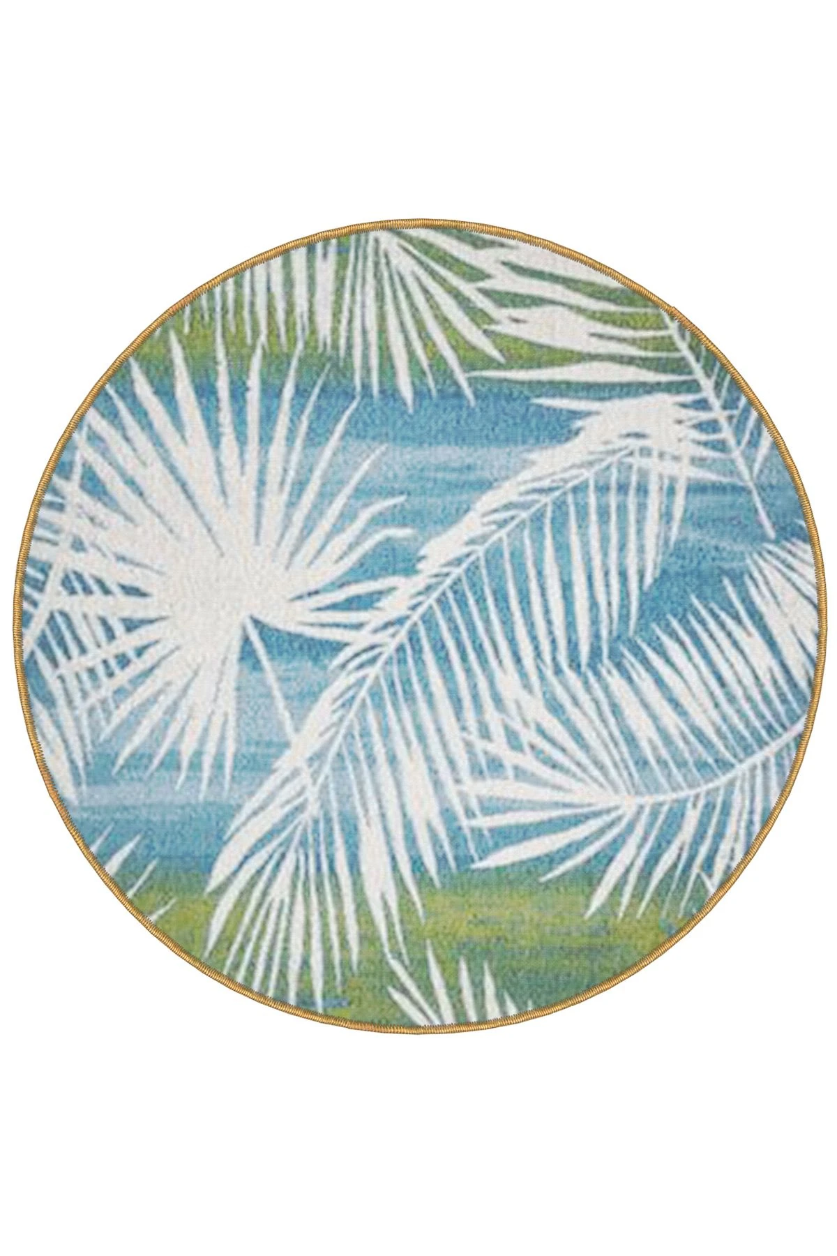 Mira Yuvarlak Mavi Yeşil Tonlarda Tropikal Yaprak Desenli Dokuma Taban Modern Dekoratif Halı 5599