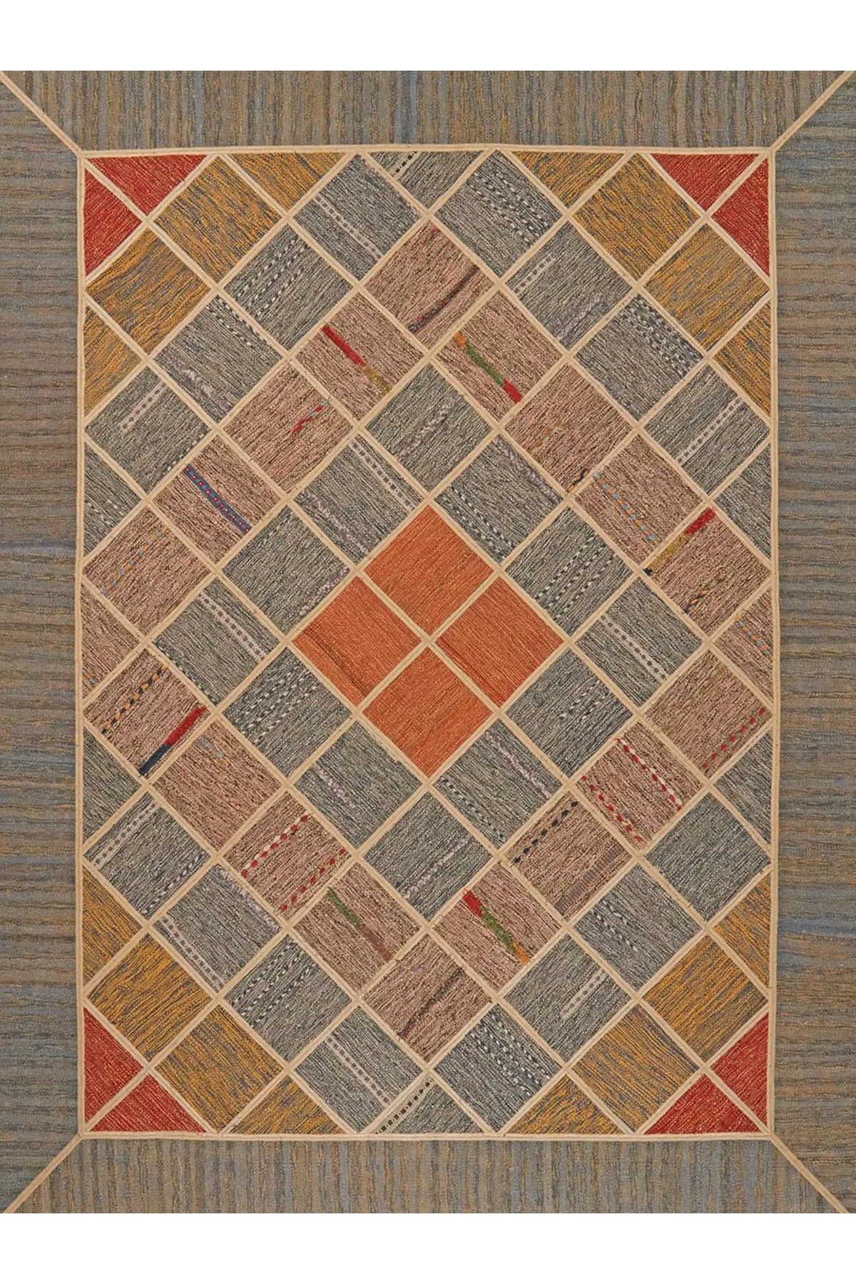 Kuzey Koleksiyonu Çok Renkli Turuncu Detaylı Dokuma Taban Modern Dekoratif Halı kuzey50