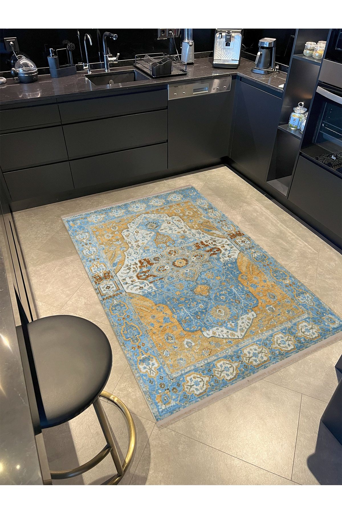 Barcelona Koleksiyonu Bej ve Mavi Temalı Geleneksel Motif Desenli Vintage Dekoratif Halı 41