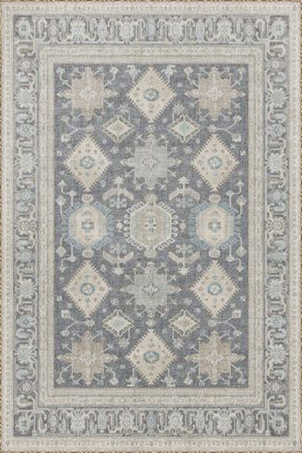 Baklavalı Antrasit Geleneksel Geometrik Desenli Yıkanabilir Dokuma Taban Halı miravip8088