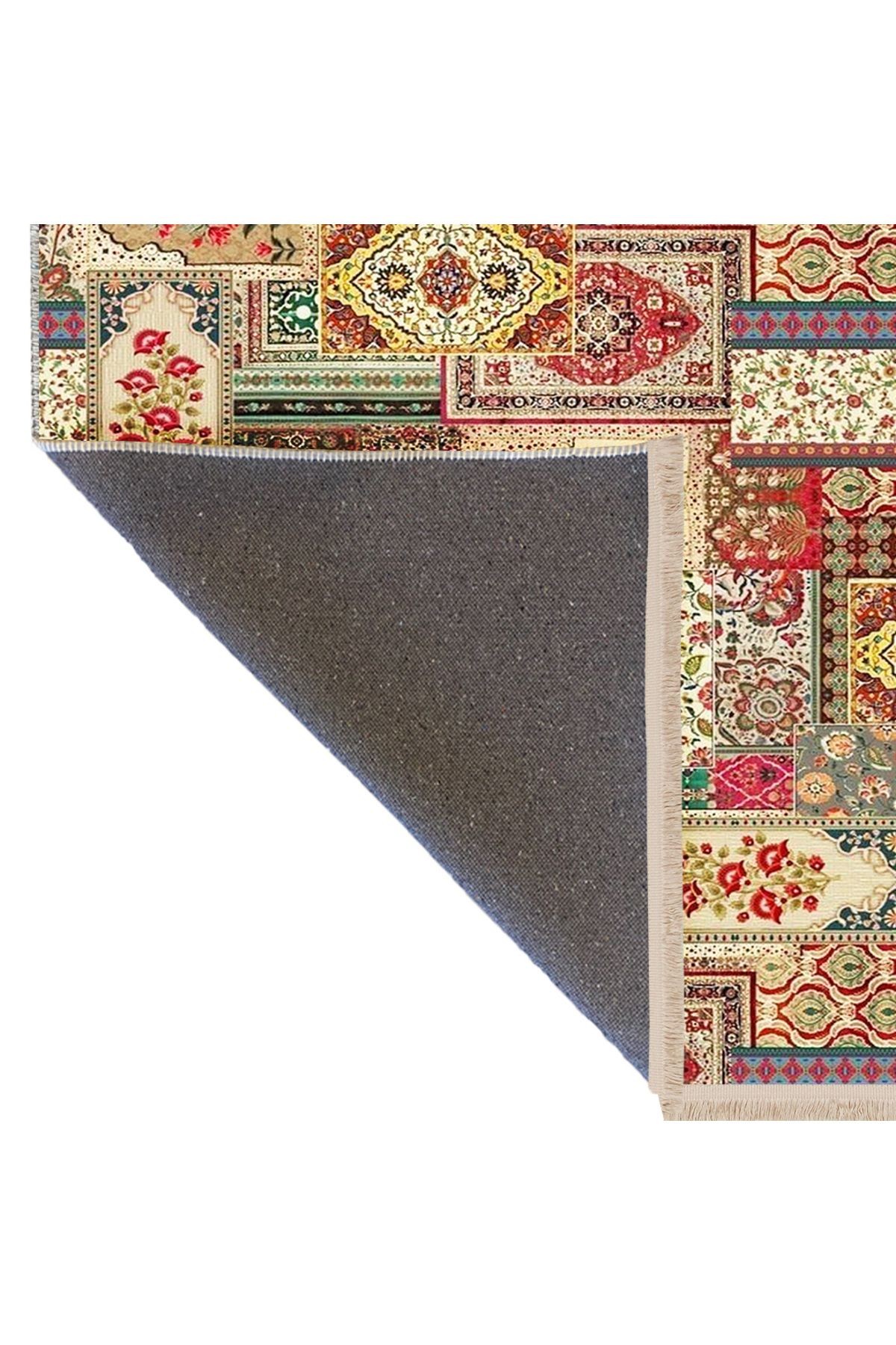 Kuvars Koleksiyonu Çok Renkli Etnik Motifler Desenli Dokuma Taban Vintage Dekoratif Halı kuvars09