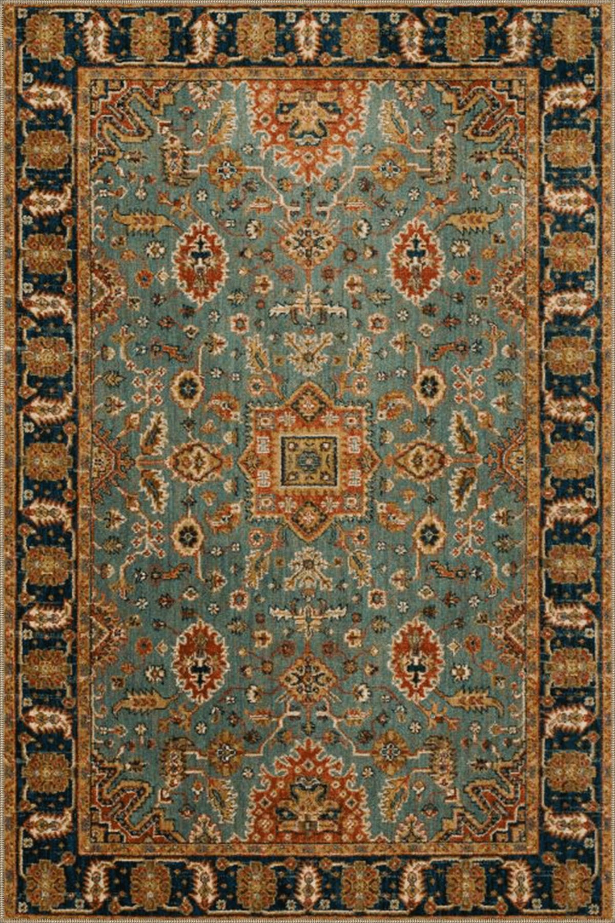 Açık Mavi Temalı Geleneksel Motif Etnik Desenli Vintage Dekoratif Halı 4574