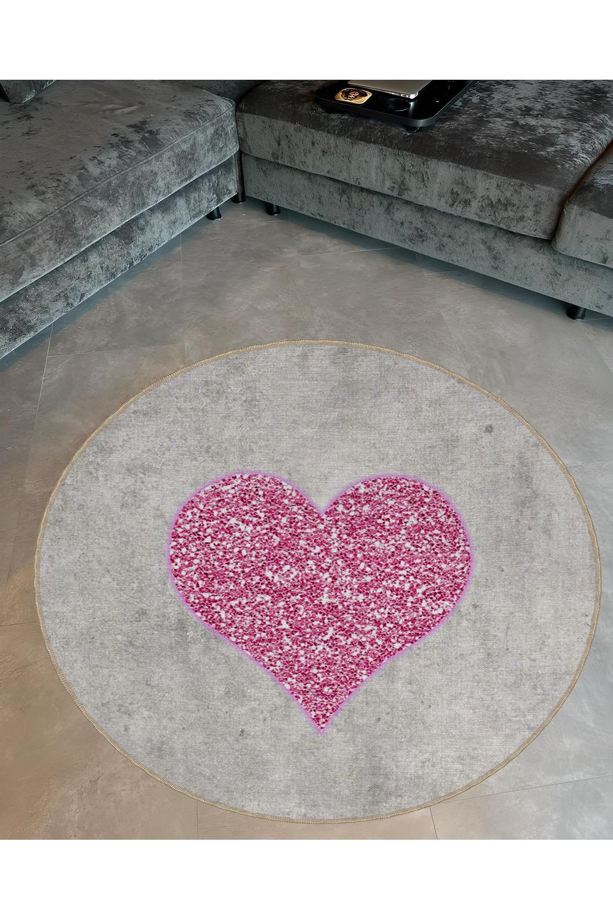 Pembe Gri Temalı Kalp Desenli Yuvarlak Dokuma Taban Modern Dekoratif Halı 6062